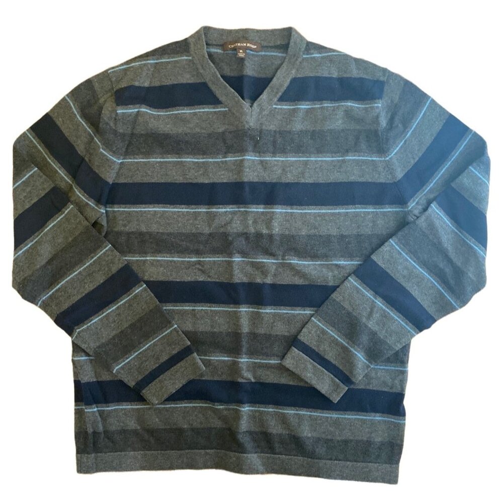 Chatham Road XL Mens Striped V-Neck Sweater Gray & Black 100% Cotton Made In Chi